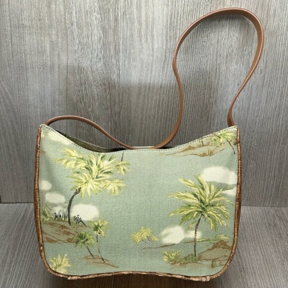 Fossil Womens Handbag Palm Beach Print Woven Rattan Purse Shoulder Bag Green - Picture 1 of 11